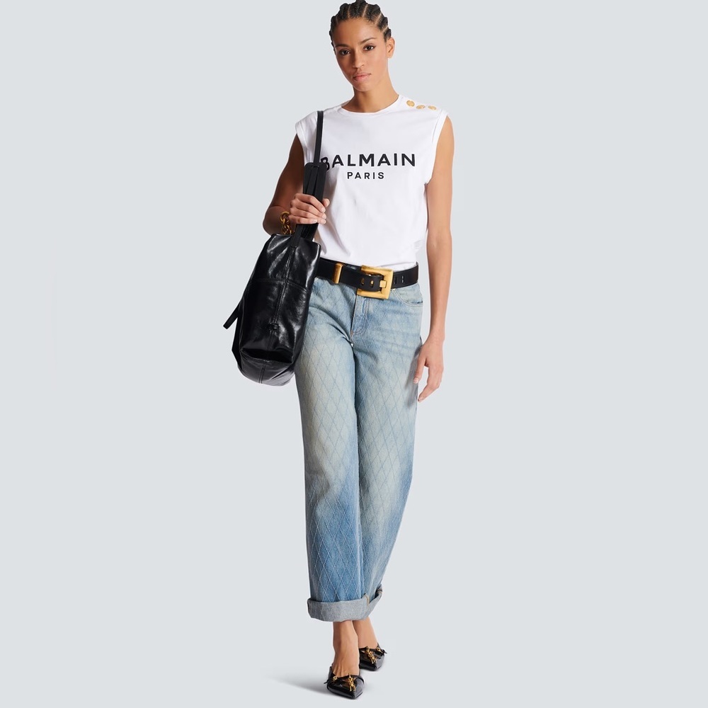 Balmain Paris tank top OLIVE GREEN with Gold Shoulder Buttons and front logo